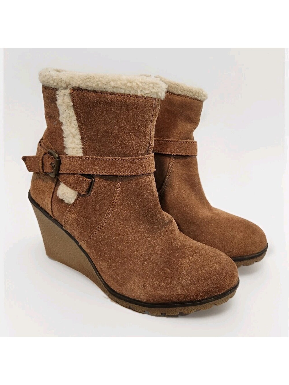 Skechers Dandy Women's 8.5M Ankle Boots Tan Suede Faux Fur Lining Rubber Wedge